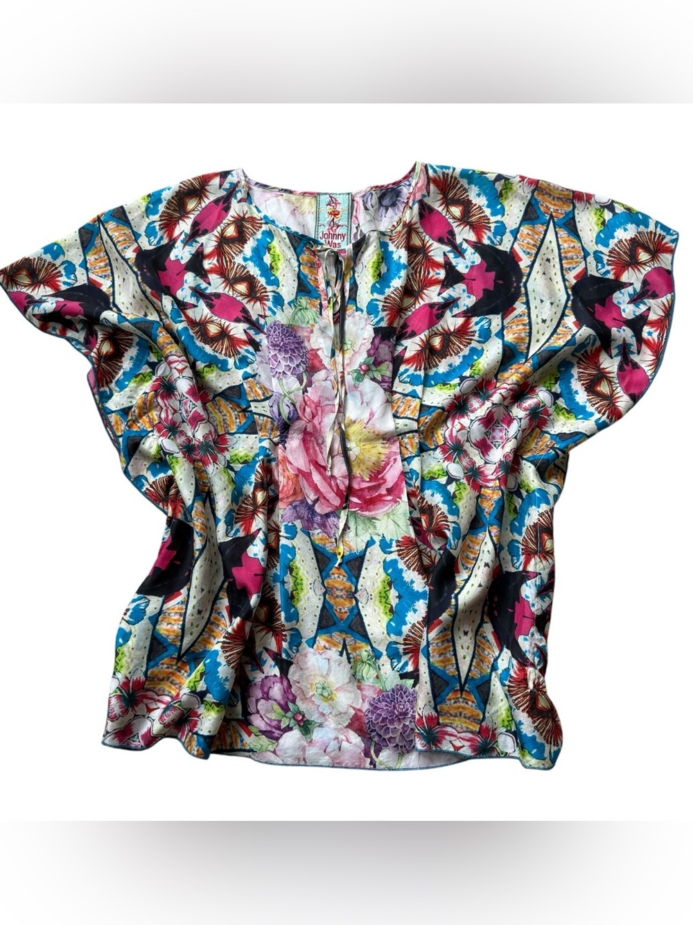 Johnny Was 100% Silk Floral Butterfly Boho Caftan Tunic Blouse S Resortwear
